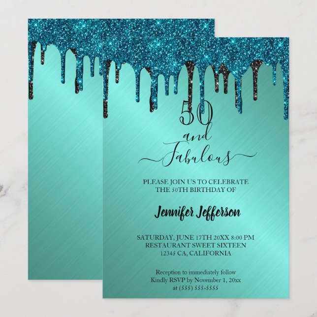 Teal metallic glitter Birthday Invitation (Front/Back)