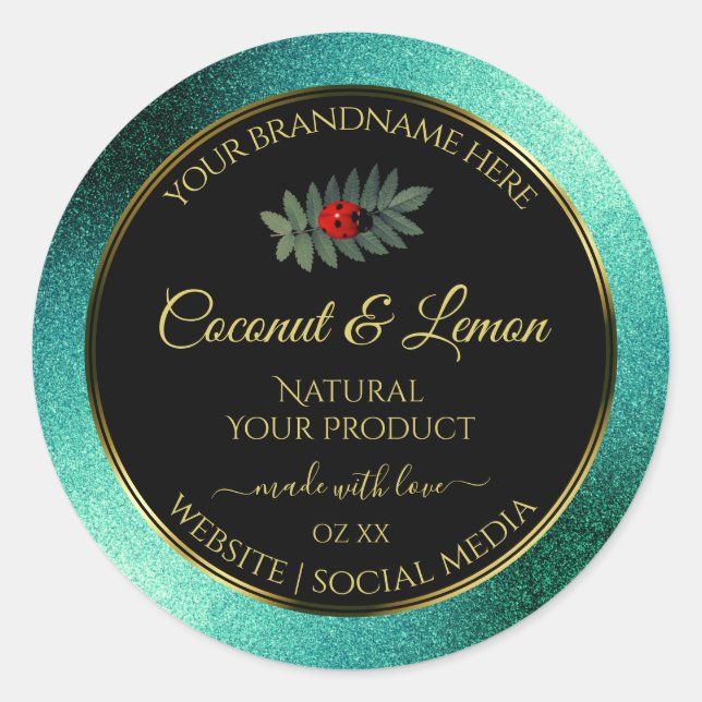 Teal Metallic Glitter Black Product Labels Ladybug (Front)