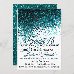 Teal metallic glitter sweet 16 invitation