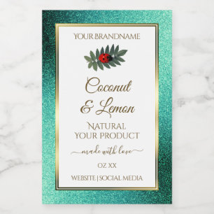 Teal Metallic Glitter White Product Labels Ladybug