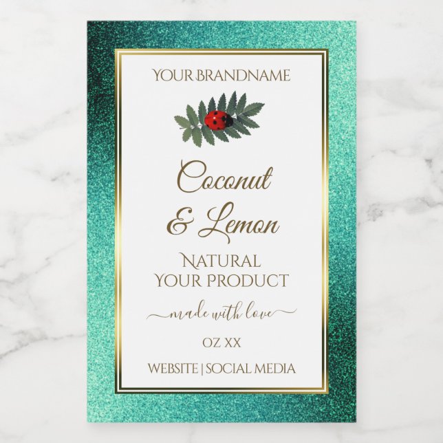 Teal Metallic Glitter White Product Labels Ladybug (Single Label)