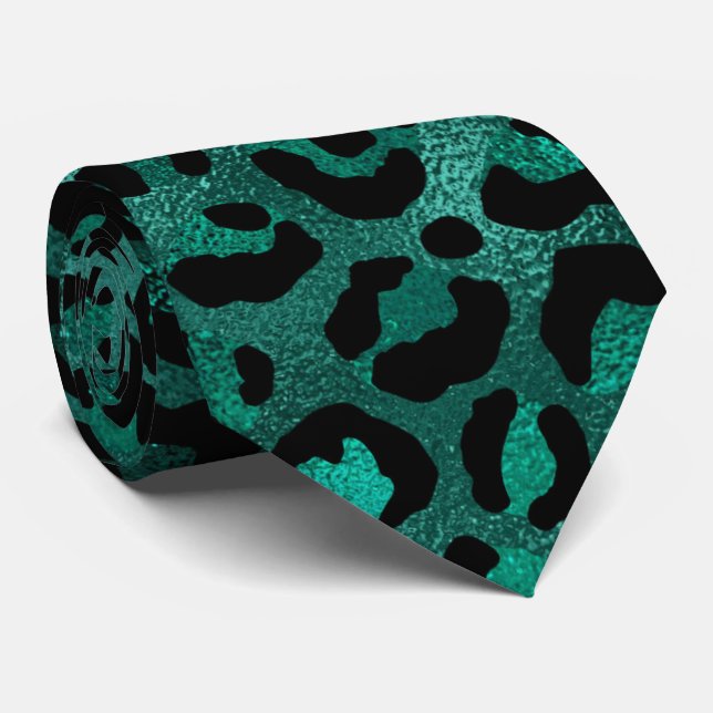 Teal Metallic Leopard Print Tie (Rolled)