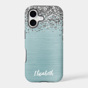 Teal Metallic Silver Glitter Girly Monogram Name