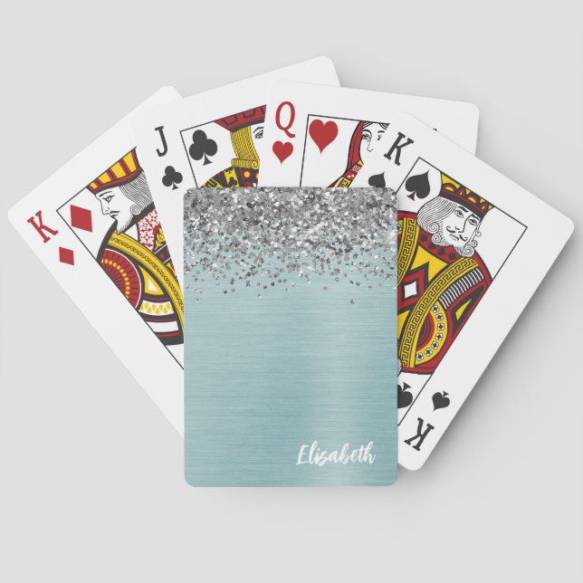 Teal Metallic Silver Glitter Girly Monogram Name Playing Cards (Back)