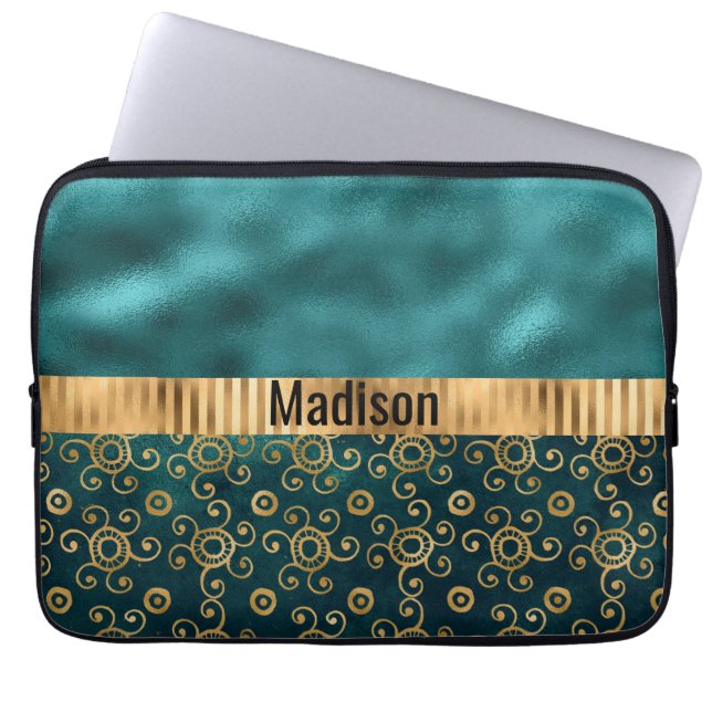 Teal Metallic Swirl Personalised Elegant Stylish Laptop Sleeve (Front)