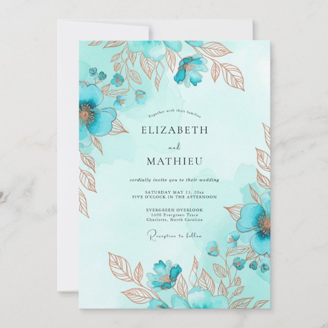 Teal Metallic Watercolor Coastal Wedding Invitation (Front)
