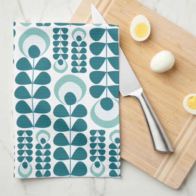 Teal Mid Mod Flowers Pattern Tea Towel (Quarter Fold)