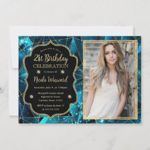 Teal Midnight Crystal Galaxy 21st Birthday photo Invitation