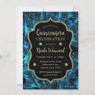 Teal Midnight Crystal Galaxy Quinceanera photo Invitation
