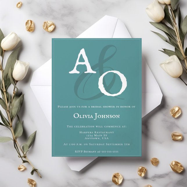 Teal Minimalist Monogram Bridal Shower Invitation (Teal Minimalist Monogram Bridal Shower Invitation)