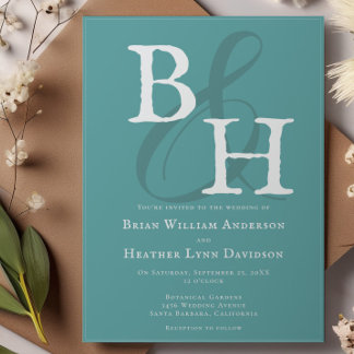 Teal Minimalist Monogram Wedding Invitation