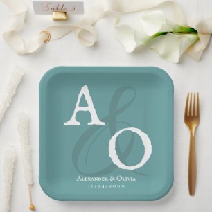 Teal Minimalist Monogram Wedding Paper Plate
