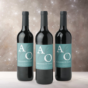 Teal Minimalist Monogram Wedding Wine Label