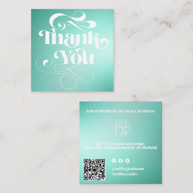 Teal mint gradient retro script order thank you square business card (Front/Back)