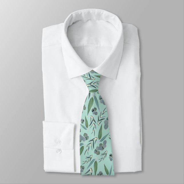 Teal Mint Green Eucalyptus Greenery Pattern Tie (Tied)