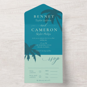 Teal & Mint Green Palm Trees Beach Wedding All In One Invitation