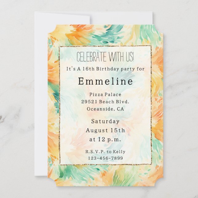 Teal Mint Orange Cream Peacock Abstract Invitation (Front)