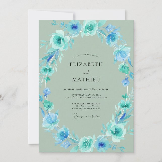 Teal Mint Petal Wedding Invitation (Front)
