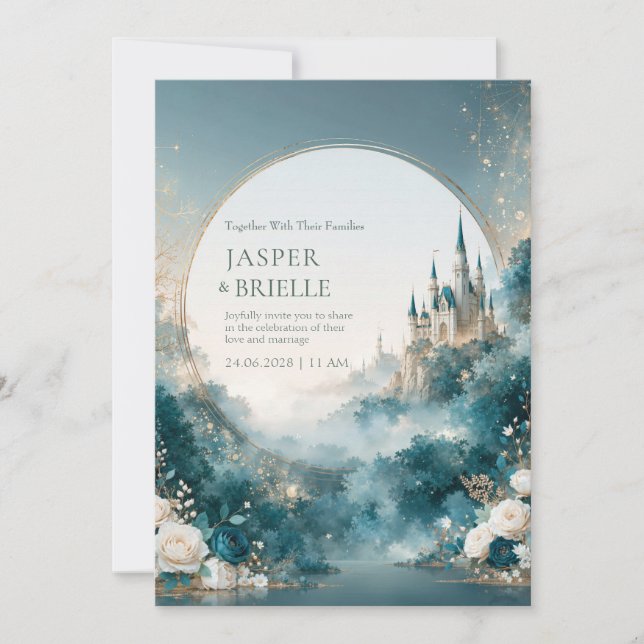 Teal Mist Celestial Castle Garden Wedding Invitation (Front)