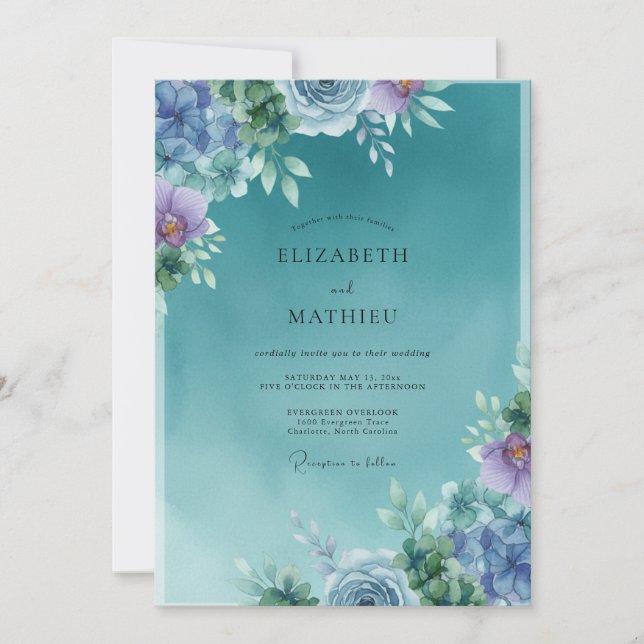 Teal Misty Floral Bloom Wedding Invitation (Front)