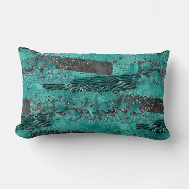 Teal Mixed Print Lumbar Cushion (Front)