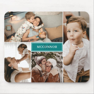 Teal Modern 4 Photo Collage & Name Mouse Pad