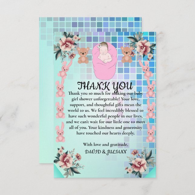 Teal Modern Boho Floral Princess Baby Girl Shower Thank You Card (Front/Back)