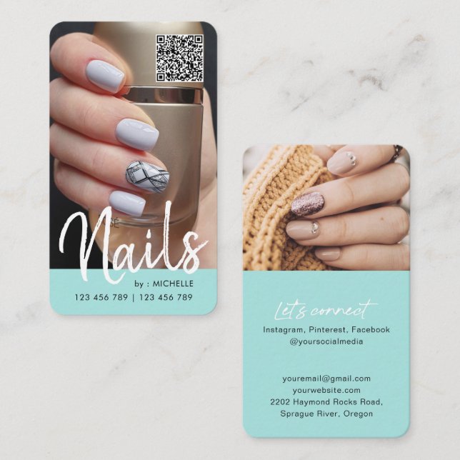 Teal Modern chic QR code nails photo  Business Card (Front/Back)