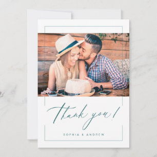 Teal modern elegant script photo wedding thank you