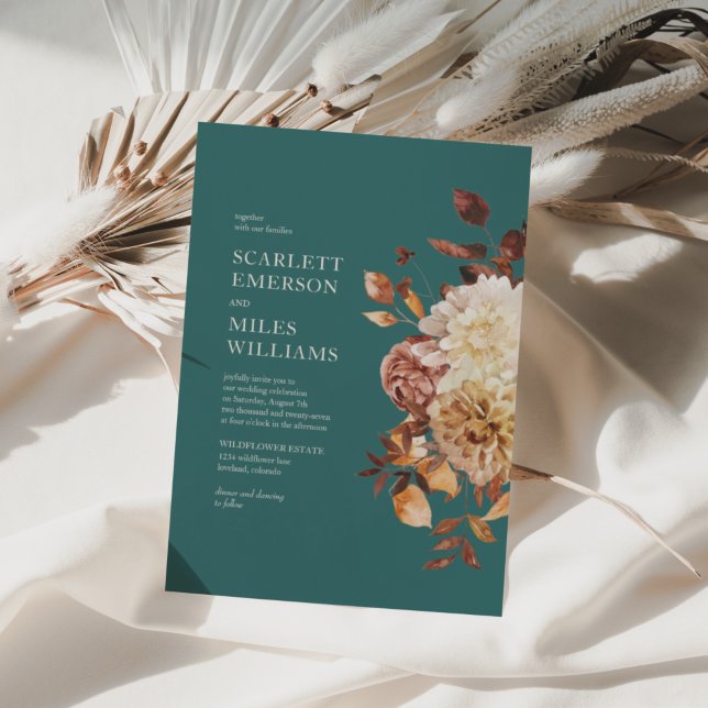 Teal Modern Fall Terracotta Floral Wedding Invitation (Teal Modern Fall Terracotta Floral Wedding Invitation by Painted Paperie
)