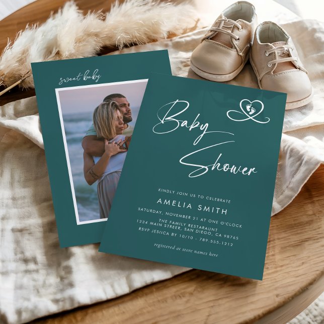 Teal Modern Script Baby Shower Photo Invitation (Creator Uploaded)