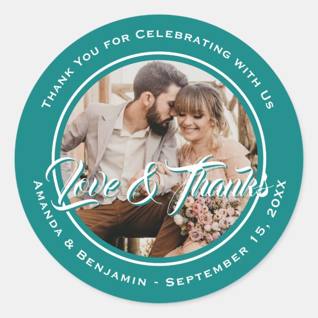 Teal Modern Script Wedding Photo Favour Classic Round Sticker (Front)