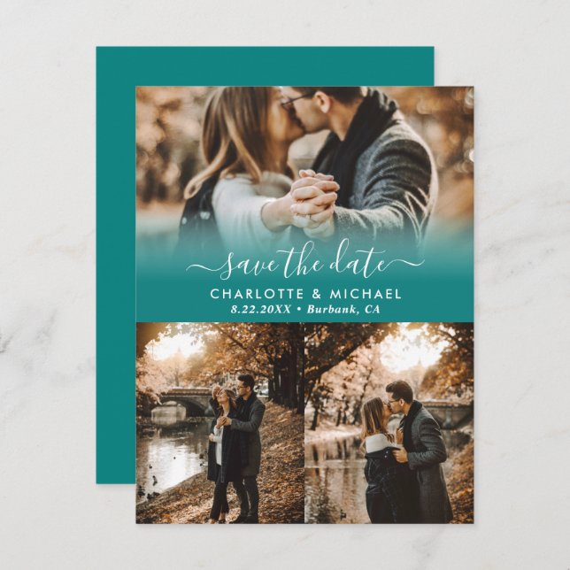 Teal Modern Wedding Photo Save The Date Cards (Front/Back)