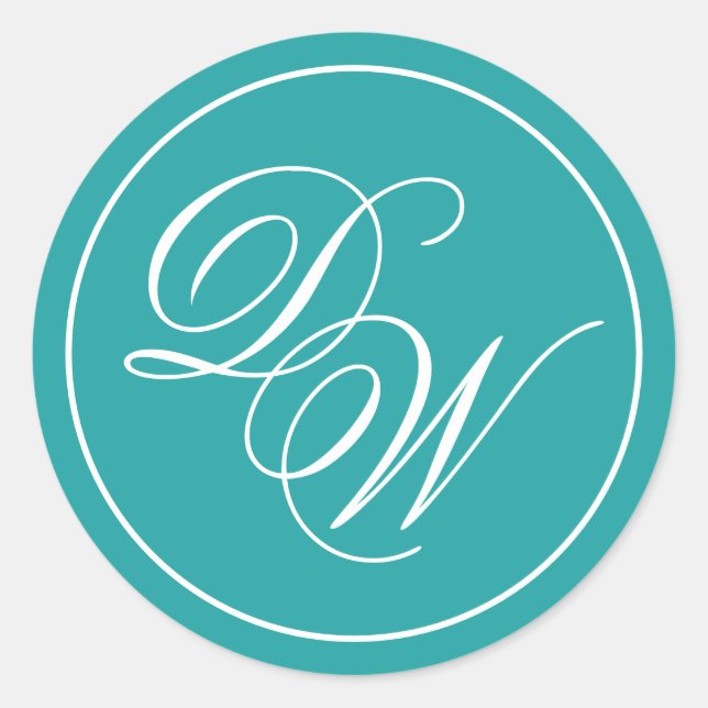 Teal Monogram 2 Initials Simple White Calligraphy  Classic Round Sticker (Front)