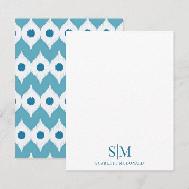 Teal Monogram Abstract Retro Pattern Note Card (Front/Back)