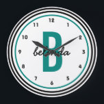 Teal Monogram Black and White Personalized Large Clock<br><div class="desc">A bold,  modern,  personalized custom wall clock for men or women. Bold black and teal circles  highlight a jumbo sized teal colored monogram and casual handwriting font first name in black. Other colors,  styles and designs available in the Party Hearty store.</div>