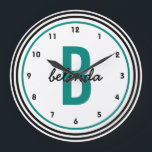 Teal Monogram Black and White Personalized Large Clock<br><div class="desc">A bold,  modern,  personalized custom wall clock for men or women. Bold black and teal circles  highlight a jumbo sized teal colored monogram and casual handwriting font first name in black. Other colors,  styles and designs available in the Party Hearty store.</div>