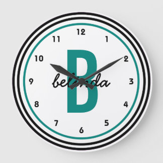 Teal Monogram Black and White Personalized Large Clock