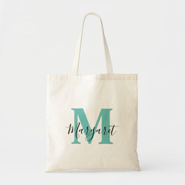 Teal Monogram Black Script Name Tote Bag (Front)