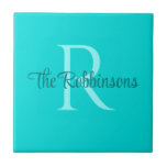 Teal Monogram Family name Ceramic Tile<br><div class="desc">Beautiful personalised tile with teal colours,  custom features include initial (monogram),  and family name.</div>