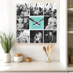 Teal Monogram Family Photo Collage<br><div class="desc">Showcase your cherished family memories with this personalised square wall clock. Featuring a stylish teal background and a collage of your favourite photos,  this clock is a unique and sentimental addition to any home. Add your family initial for a personal touch. A perfect gift for weddings,  anniversaries,  or housewarmings.</div>