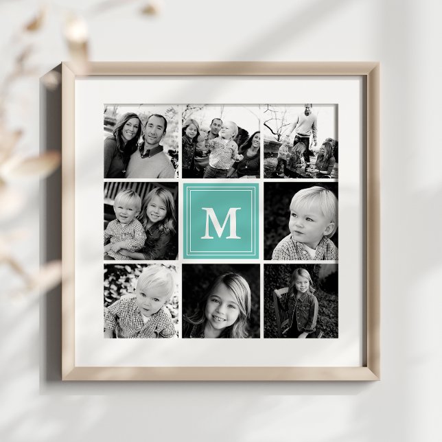 Teal Monogram Family Photo Collage Poster (Creator Uploaded)