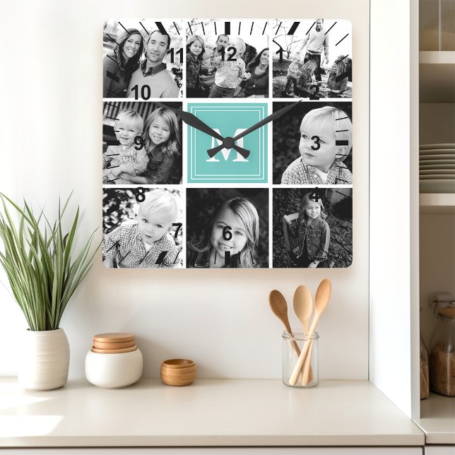 Teal Monogram Family Photo Collage Square Wall Clock (Creator Uploaded)