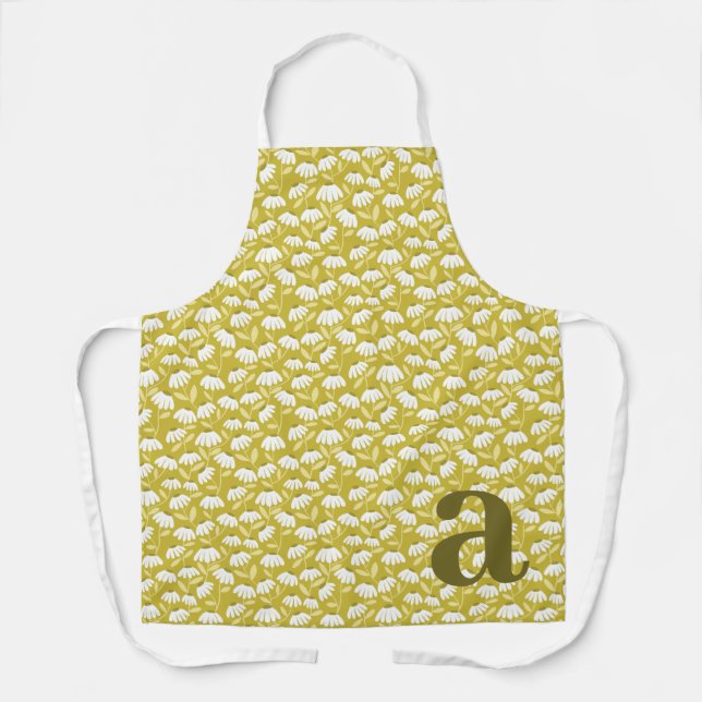 Teal Monogram Initial Daisies Floral Pattern Apron (Front)