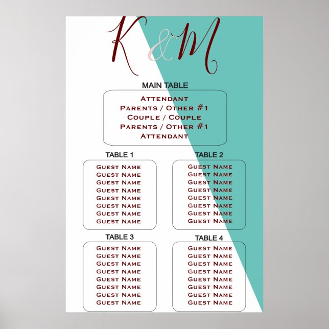 Teal Monogram 💍 Modern Geometric Seating Chart (Front)