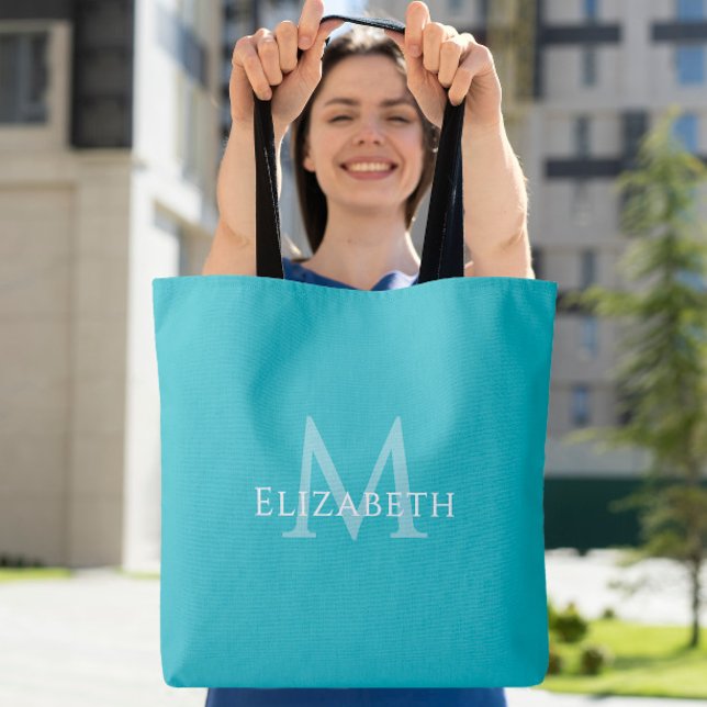 Teal Monogram Modern Name Initial Tote Bag (Teal Monogram Modern Name Initial Tote)