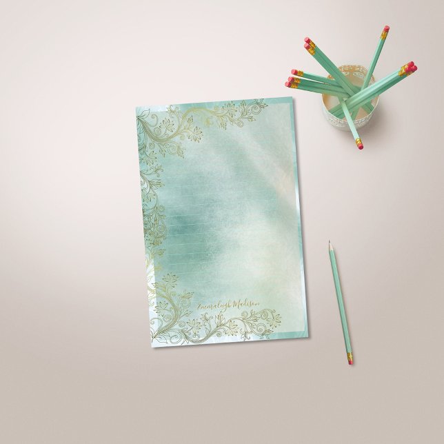 Teal Monogram Ornamental Lined Stationery (Creator Uploaded)