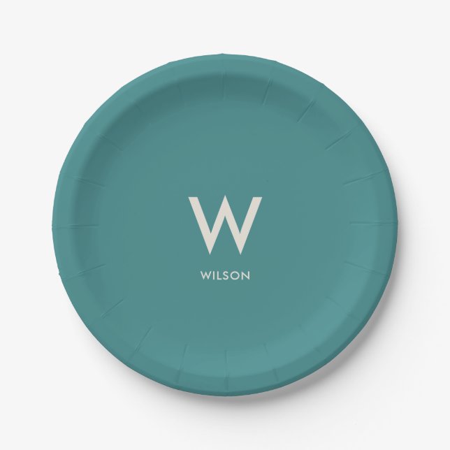 Teal Monogram Personal Party Paper Plate (Front)