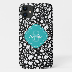 Teal Monogram Quatrefoil Black Floral Pattern Case-Mate iPhone Case