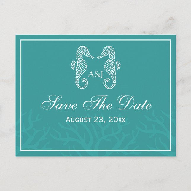 Teal Monogram Seahorse Save The Date Postcards (Front)